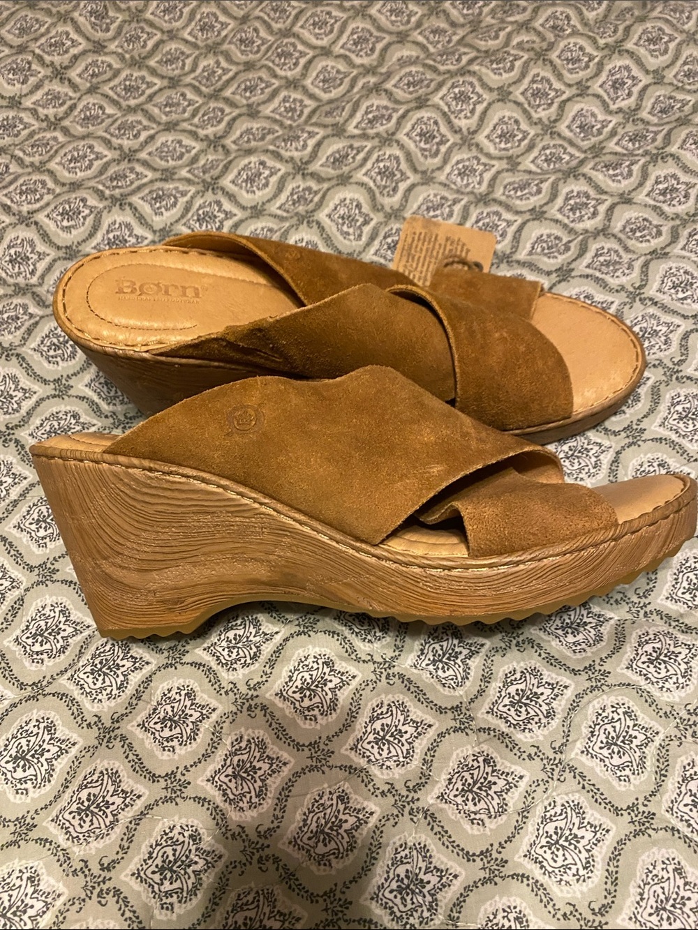 Born Cognac Suede Crossover Wedge Sandals